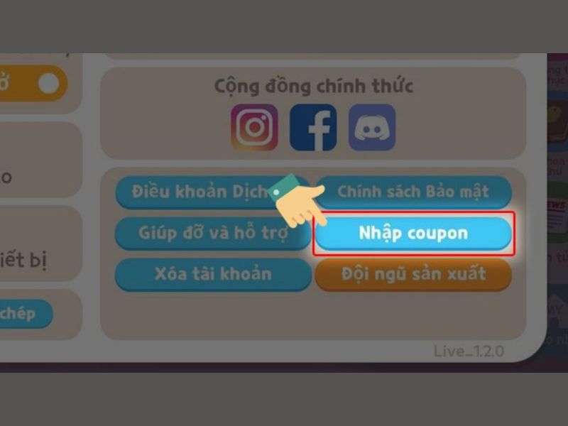 Bước 3: Nhấn vào mục "Cài đặt" và tiếp theo chọn "Nhập coupon".